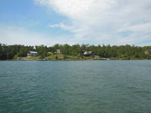 View from water of homes on the lake