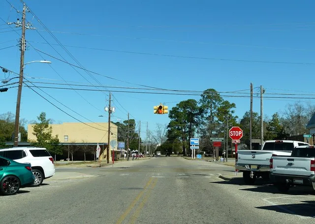 Intersection of Broadway Street (County Road 55) and Church Street in Ashford, Alabama .