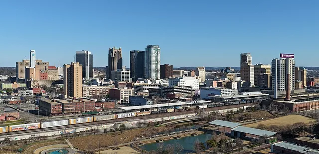 The skyline of Birmingham, Alabama, home to an estimated population of 196,357 people.