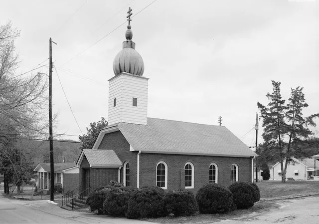 St. Nicholas Russian Orthodox Church, Birmingham Industrial District, Church Street at Park Avenue, Brookside , Jefferson County, Alabama. Exterior View, Looking Northeast Along C...