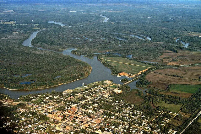 Aerial view of Demopolis, Alabama, USA. The confluence of the Black Warrior River with the Tombigbee River can be seen at center. The Tombigbee is at left the the Black Warrior fl...