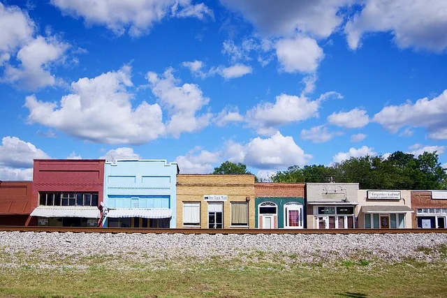 Buildings along Railroad Street in Falkville, Alabama, United States.