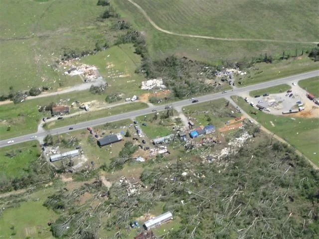 EF3 damage south of Geiger, Alabama, including the destruction of a mobile home and a church.
