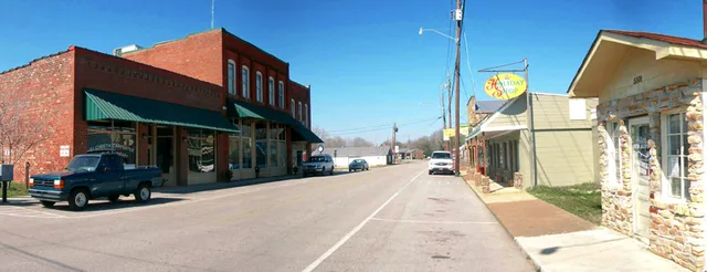 A panoramic image of the New Hope 's main street as it runs through downtown.
