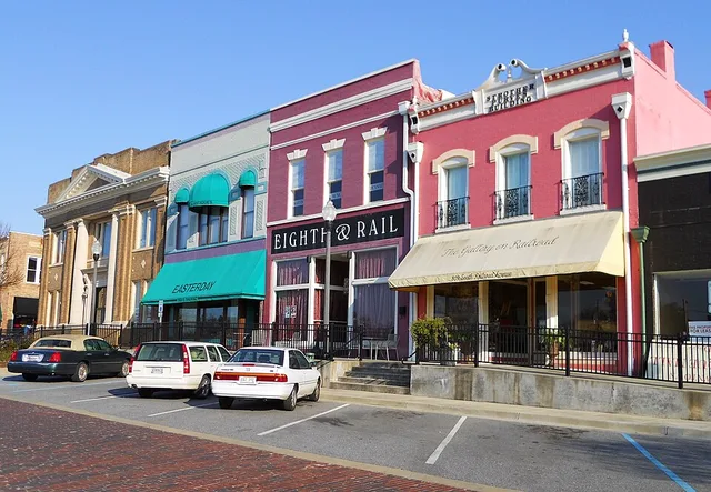 This is a photograph of the Railroad Avenue Historic District in Opelika, Alabama.