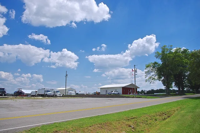 Town Hall (right) and other buildings in Powell, Alabama, United States.