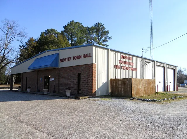 This is a photograph of the town hall and volunteer fire department in Shorter, Alabama.