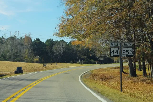 Signs denoting the overlap between southbound Alabama State Route 253 and westbound Alabama State Route 44 in the town of Twin, Alabama.