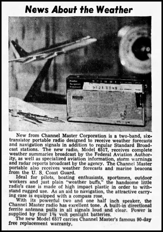 Vintage News Release On The Channel Master Model 6517 Weather Master Transistor Radio In The Union Springs Alabama Herald Newspaper, October 12, 1961