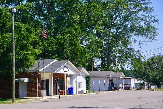 Town Hall (left) and other buildings along Gadsden-Blountsville Road in Walnut Grove, Alabama, United States.