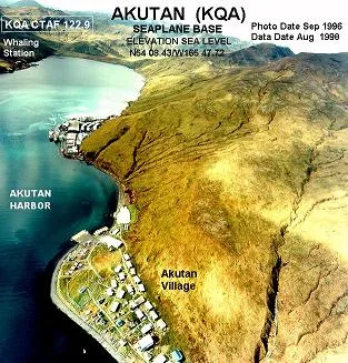 Annotated aerial photograph of Akutan Seaplane Base (KQA) in Akutan, Alaska, United States.