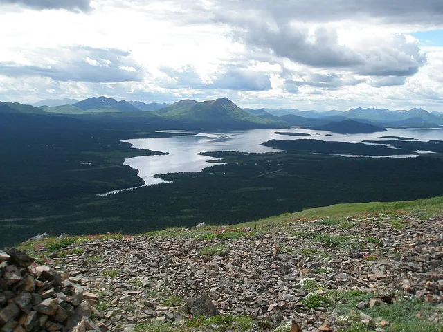 Picture of Aleknagik lake, with the village of Aleknagik apparent in the lower left of the picture.
