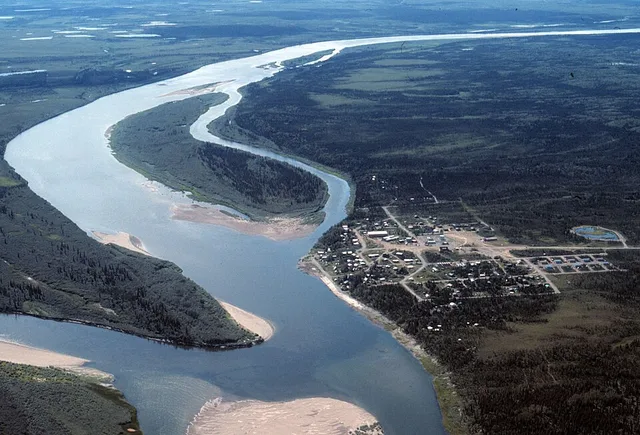 Aerial view of Ambler and the Kobuk River in the summer