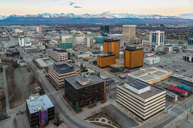 The skyline of downtown Anchorage, Alaska. Home to 291,247 residents, it's the largest city in Alaska and contains nearly 40 percent of the state's population.