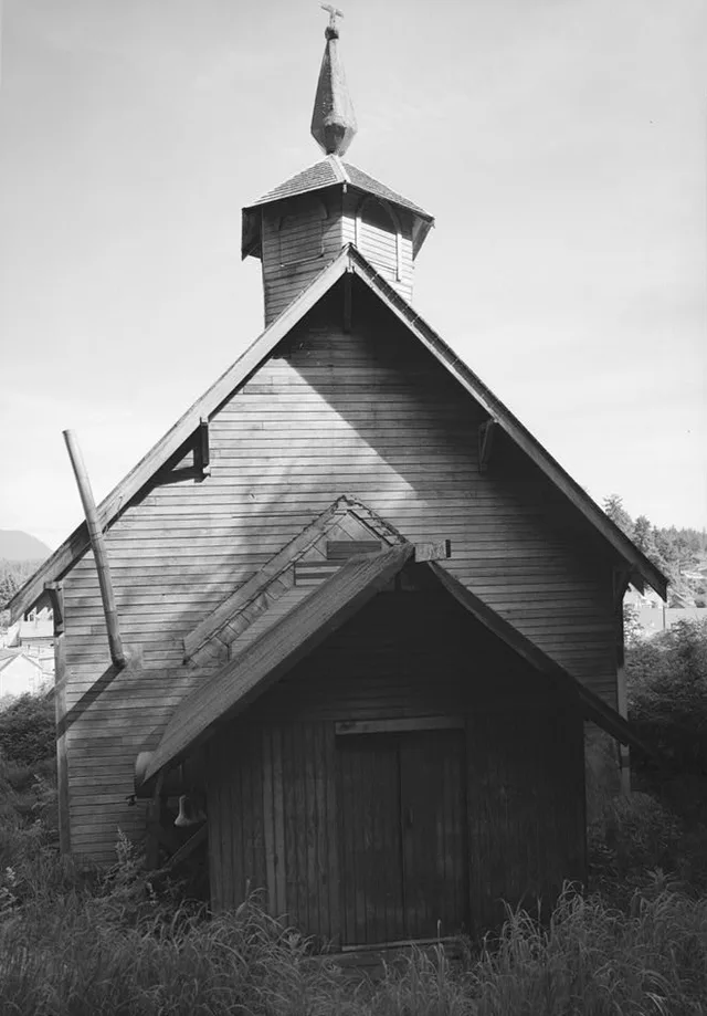 Western front of St. John the Baptist Russian Orthodox Church in Angoon , Alaska , United States . Under the name of "St. John the Baptist Church", the church (built in 1928) is l...