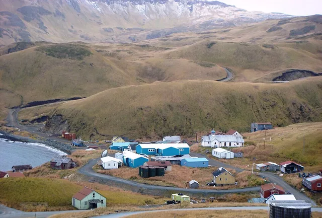 The older portion of the city of Atka located on Atka Island in the Aleutian Chain with St. Nicholas Orthodox Chapel in the background. The original church was destroyed during WW...