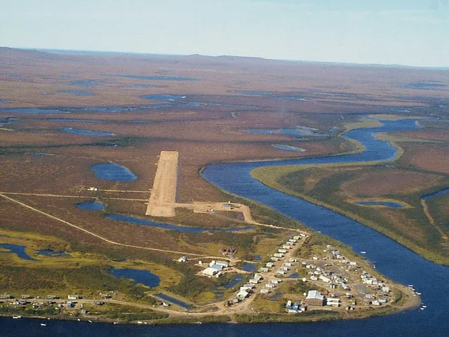 Aerial view of Buckland, Alaska, USA. View is to the west.