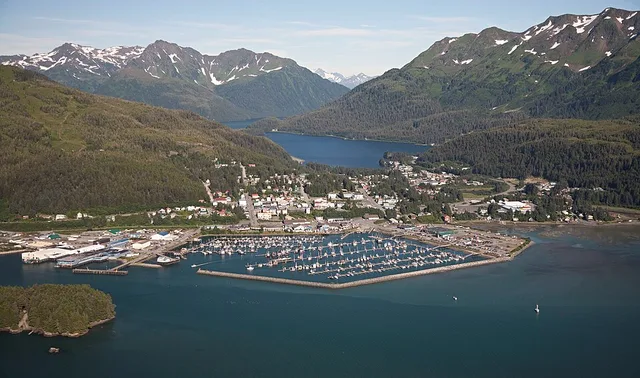 Aerial Cordova, Orca Inlet and Eyak Lake, Prince William Sound, Chugach National Forest, Alaska.