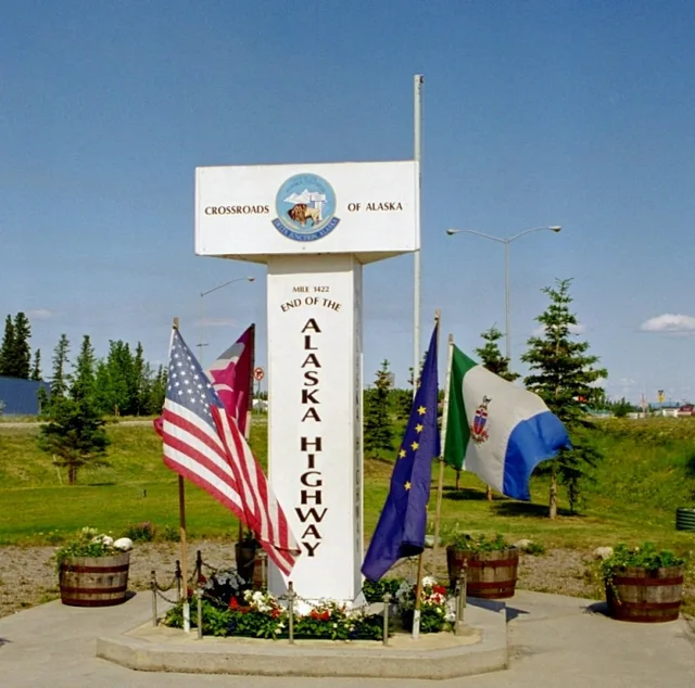 Milepost in Delta Junction marking the end of the Alaska Highway .