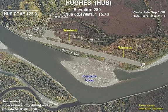 Annotated aerial photograph of Hughes Airport (HUS) in Hughes, Alaska, United States.