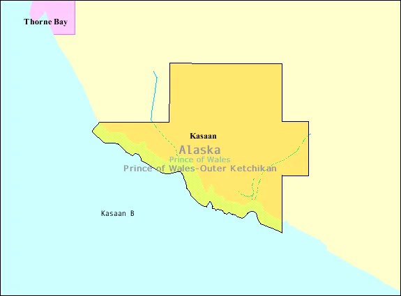 Map of Kasaan , a city in the Prince of Wales-Outer Ketchikan Census Area in the Unorganized Borough in the U.S. state of Alaska , with its boundaries at the time of the 2000 cens...