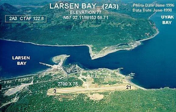 Annotated aerial photograph of Larsen Bay Airport (2A3) in Larsen Bay, Alaska, United States.