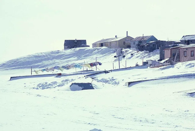 Spring view of part of Mekoryuk, Nunivak Island, Alaska, USA.