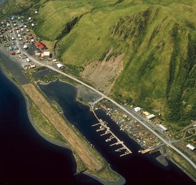 Aerial view of Old Harbor, Kodiak Island, Alaska, USA.
