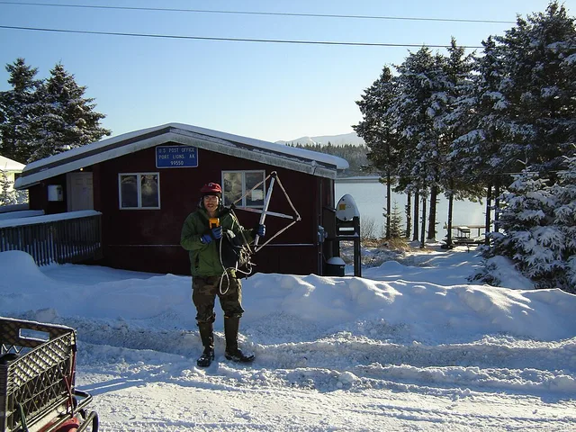 This photograph shows me, a radio-scientist from en:Stanford University , near our field site in Port Lions.