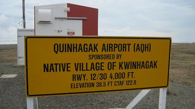 Sign at the Quinhagak airport in the Alaska native village of Kwinhagak, Alaska (photo taken May 2011).