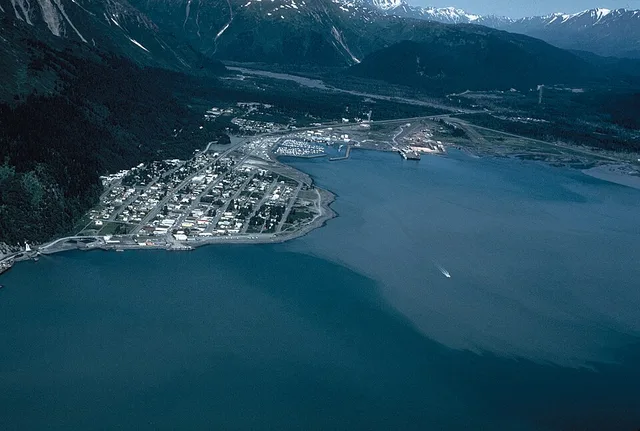 Aerial view of Seward, Alaska, USA. Exact photo date unknown. Given its old fashioned view and visual, it is likely from before the 21st century.