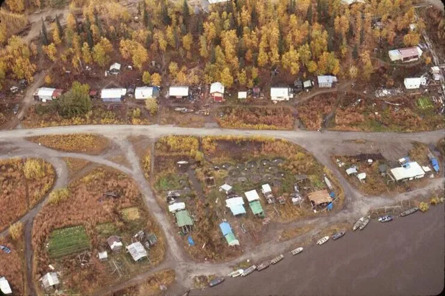Aerial view of Shungnak along the Kobuk River in the fall