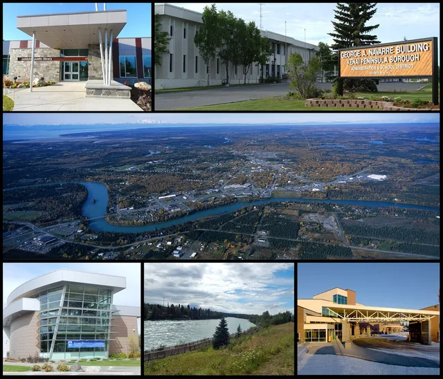 City of Soldotna Collage including the city library, Kenai Peninsula College, Soldotna Creek Park, the Central Peninsula Hospital, the Kenai Peninsula Borough Building, and an aer...