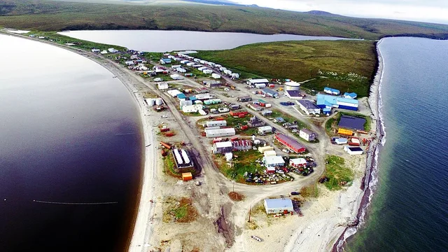 Teller Drone Photo - July 2023 - Sitting just above sea level, and surrounded on three sides by water, Teller is threatened by climate change.