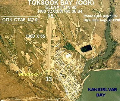Annotated aerial photograph of Toksook Bay Airport (OOK) in Toksook Bay, Alaska, United States.
