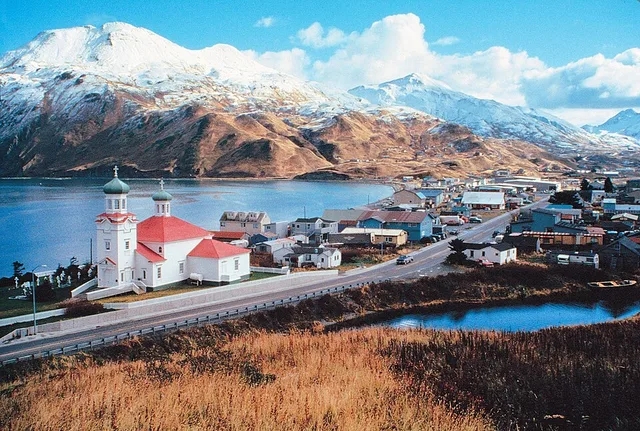 View of downtown Unalaska, Alaska .