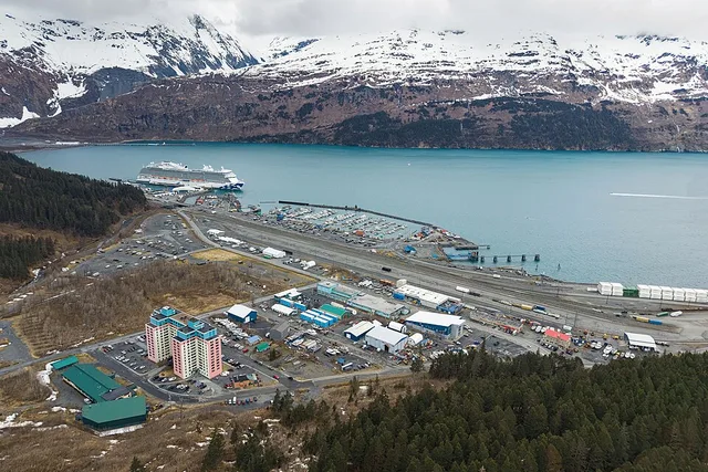 Aerial view of Whittier, Alaska (pop. 272). Almost every resident live in the Begich Towers Condominium, earning the nickname a "town under one roof".