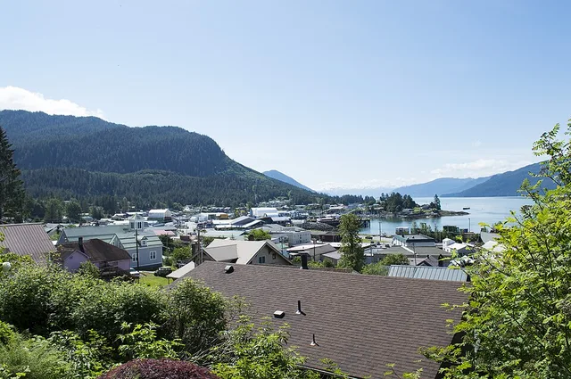 Overview of the town of Wrangell, AK. Bobs's Iga grocery can been seen in the picture.