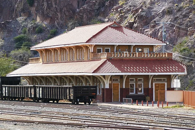 Clifton, AZ train station, builtilt in 1901 by the Arizona & New Mexico RR that was later merged into Southern Pacific. Scheduled passenger train service was discontinued in 1967...