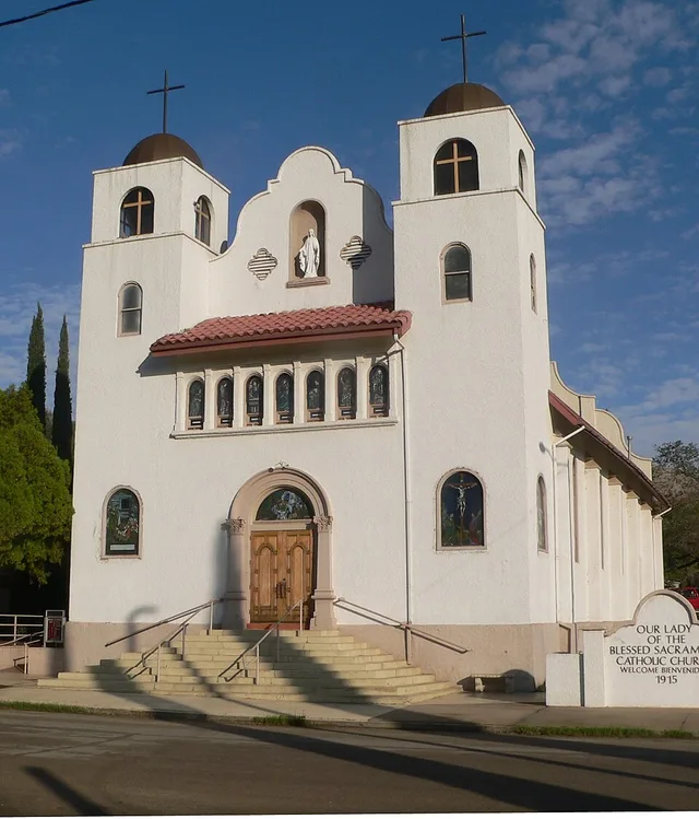 Our Lady of the Blessed Sacrament Catholic Church, located at 844 W. Sullivan Street in Miami, Arizona; seen from the southeast.
