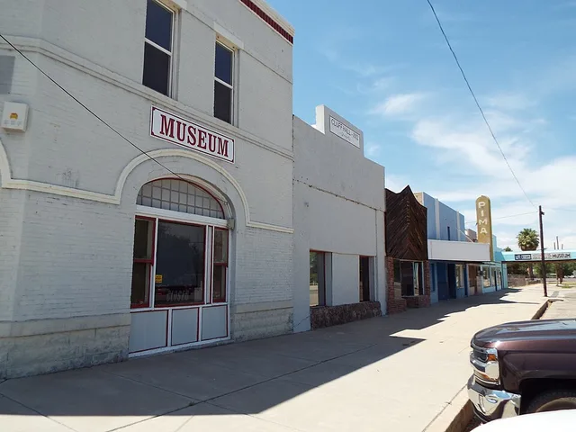 Downtown Pima block with historic buildings in Pima, Arizona