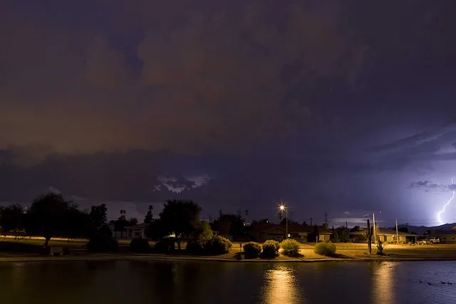 Maricopa Lake with cloud-to-ground lightning — in Youngtown , Maricopa County, Arizona. "This is my favorite photo of the night! Had a main strike you can see in the picture, to l...