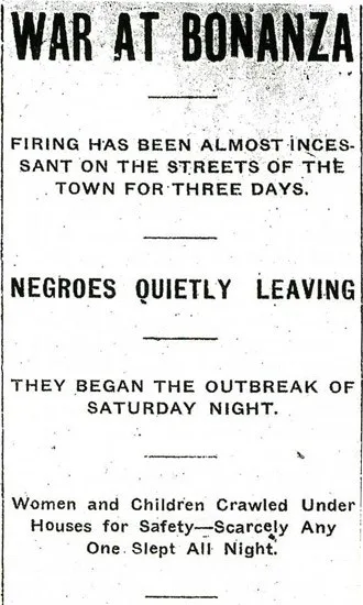 May 2, 1904, newspaper article describing a race war in Bonanza, Arkansas, taken from the Fort Smith Times.
