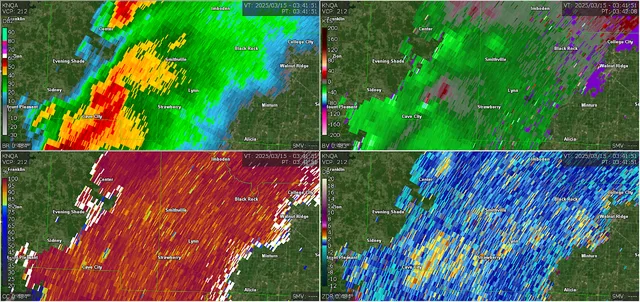 Next-Generation Radar (NEXRAD) scan of the 2025 Cave City, Arkansas EF3 tornado.