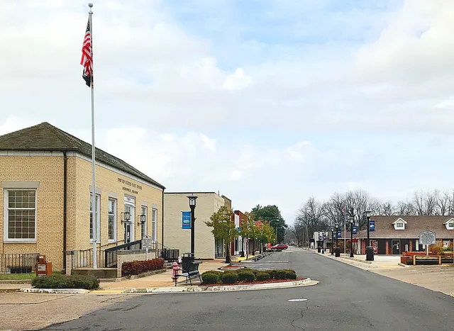 Downtown Dardanelle Arkansas looking North on Front Street. The Post Office is located at left in the foreground