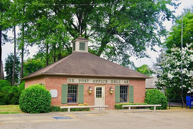 Post office in Dell, Arkansas, United States.