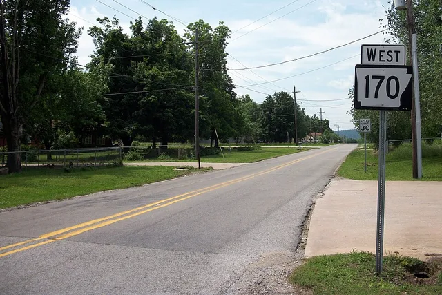 Highway 170 northern terminus at US 62 in Farmington, Arkansas.