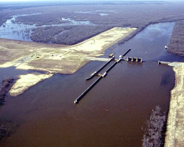 Aerial view of the locks at Felsenthal Lock and Dam near Felsenthal, Arkansas, USA. The dam impounds Lake Jack Lee, a large lake and green tree reservoir in in Ashley, Bradley, an...