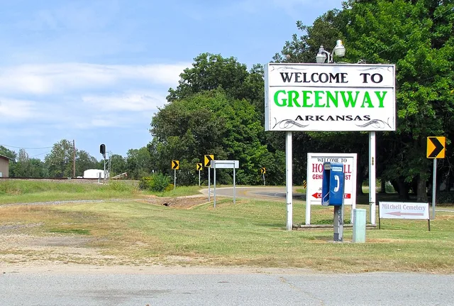 Welcome sign in Greenway, Arkansas, United States.