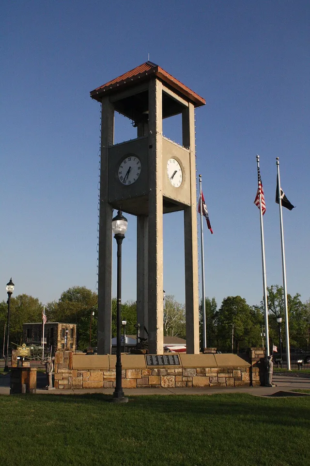Clock and bell tower in downtown Greenwood, Arkansas